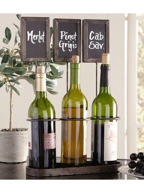 Creative Co-op Black Metal Chalkboard Wine Holder Holds 3 Bottles 17.5" tall NWT